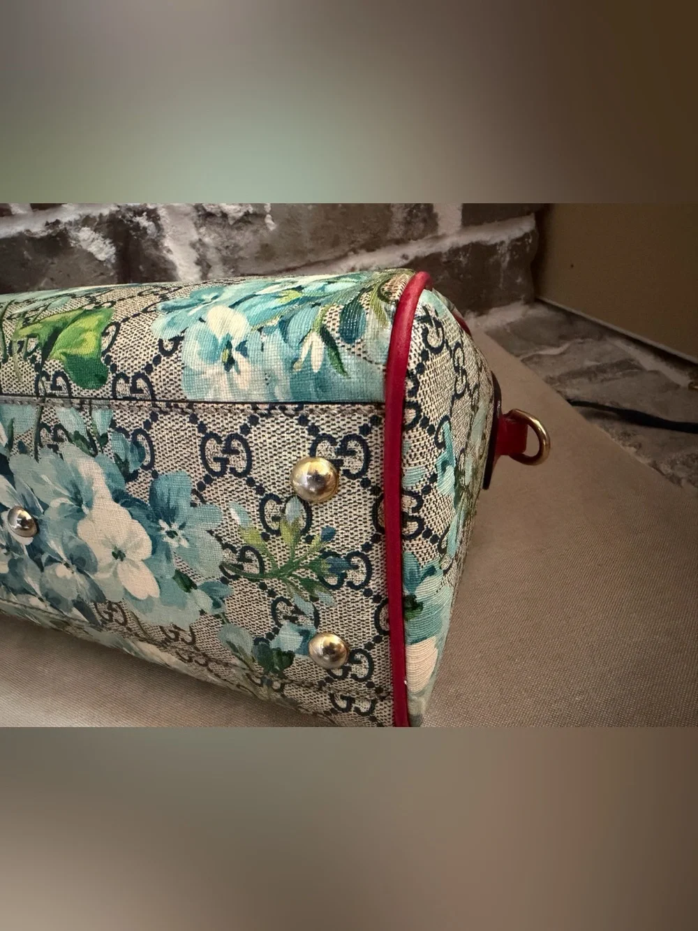 Gucci Floral GG Supreme Canvas Satchel with Red Leather Trim